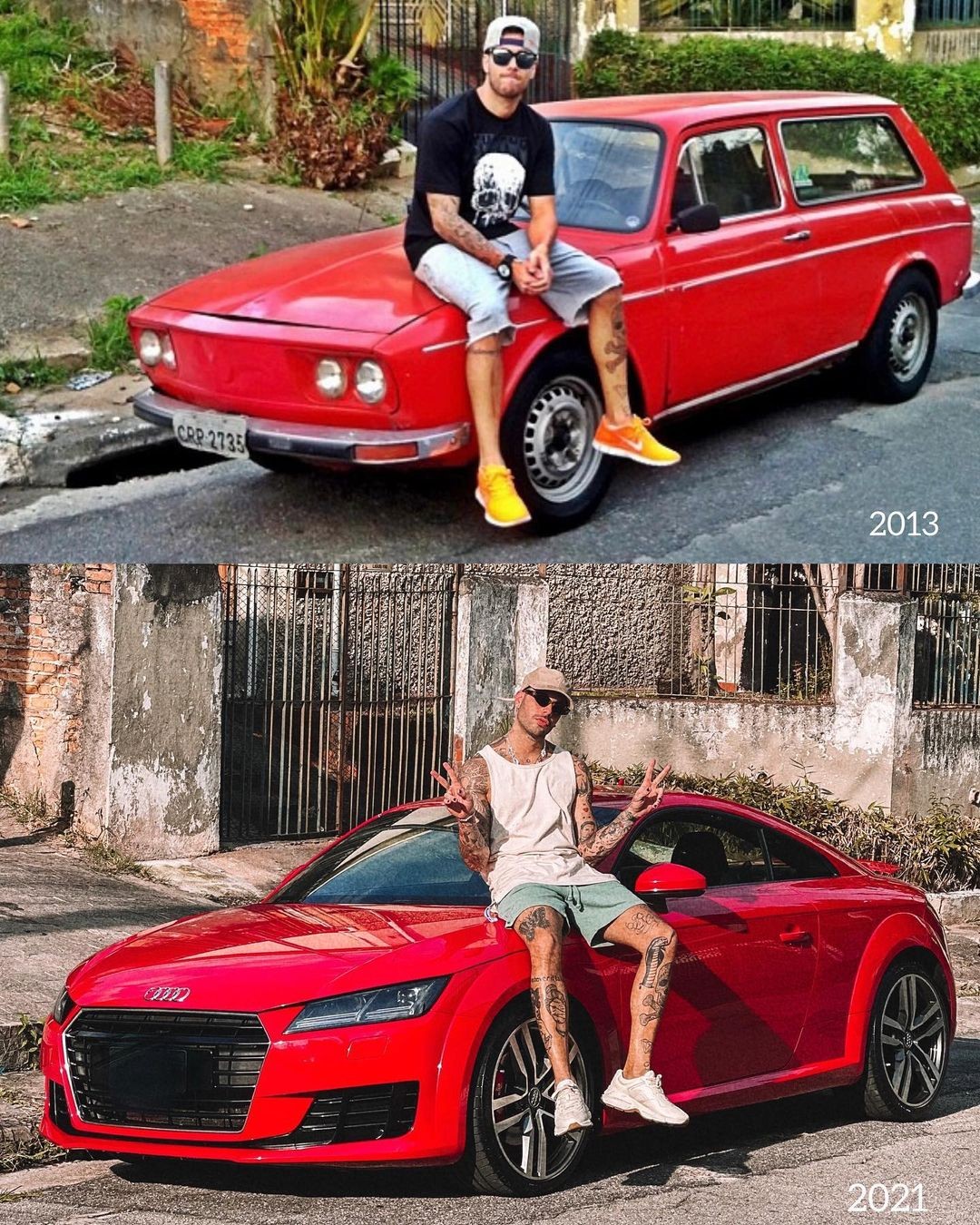 Gui Araújo com carro antigo e atual (Foto: Reprodução/Instagram)