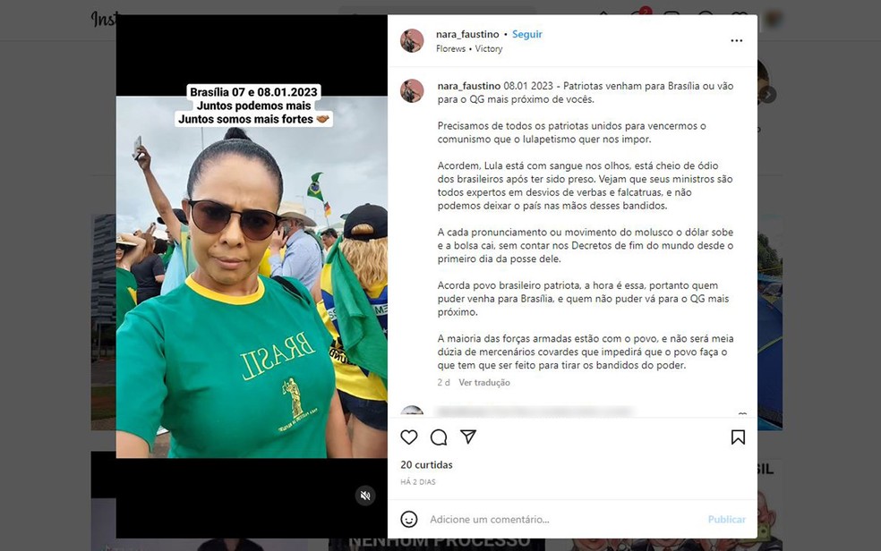 Publicação de Nara Faustino de Menezes, de Ribeirão Preto, SP, sobre atos golpistas em Brasília (DF) — Foto: Reprodução/Instagram