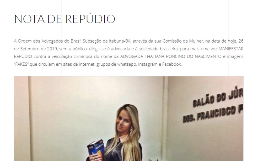 Comissão da Mulher da Ordem dos Advogados do Brasil, subseção Itabuna emitiu uma nota de repúdio contra a veiculação das imagens falsas ligadas à advogada Thatiana Poncino — Foto: Reprodução/OAB-Bahia