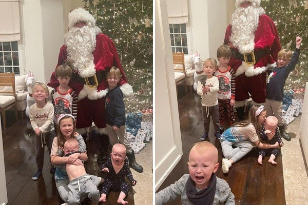 O ator Alec Baldwin vestido de Papai Noel ao lado de seus seis filhos durante as celebrações do Natal (Foto: Instagram)