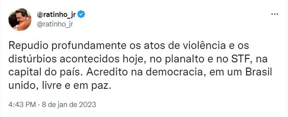 Governador do Paraná repudia violência em Brasília — Foto: Divulgação
