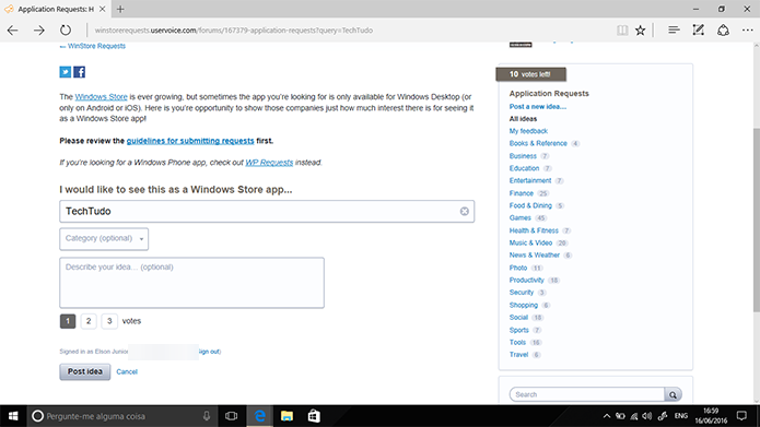 Usuário deve digitar nome do app que deseja solicitar para o Windows 10 (Foto: Reprodução/Elson de Souza)