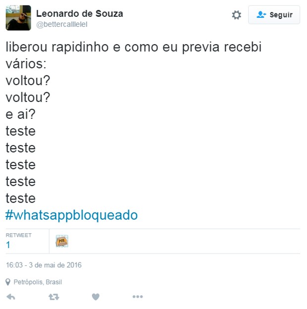 Usuários fazem brincadeiras com fim do bloqueio do WhatsApp no Brasil (Foto: Reprodução/Twitter)