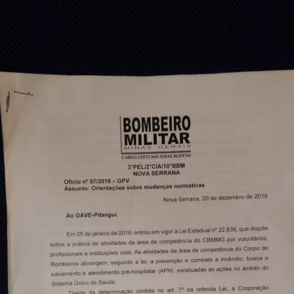 Ofício foi emitido pelo Corpo de Bombeiros de Minas Gerais  — Foto: G3 Resgate/Divulgação