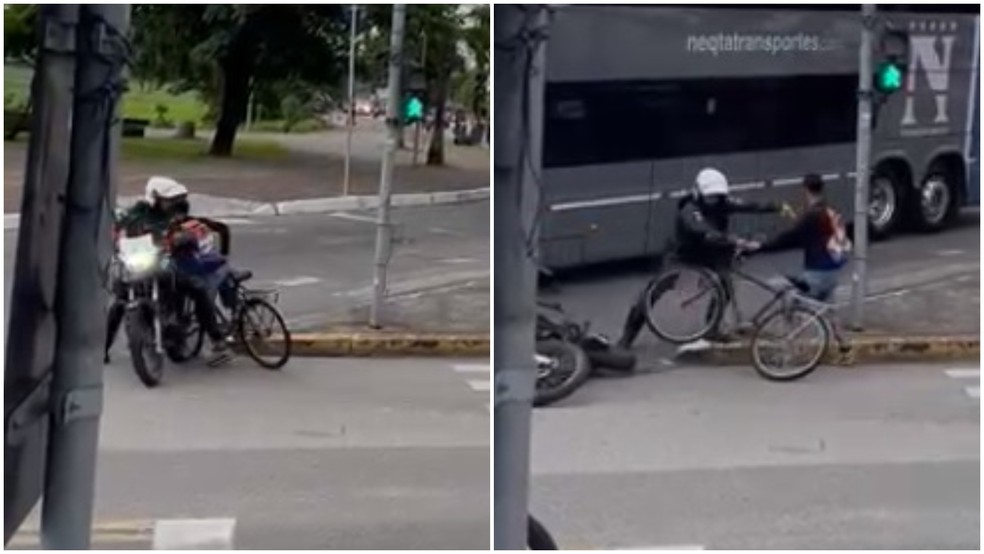 Ciclista colide contra moto e derruba policial militar — Foto: TV Verdes Mares/Reprodução