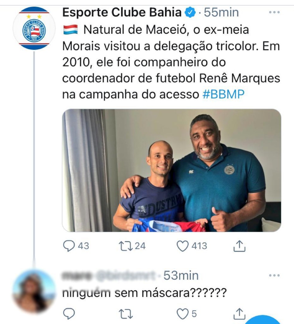 Torcedora questiona Bahia sobre máscara em postagem do Twitter — Foto: Reprodução