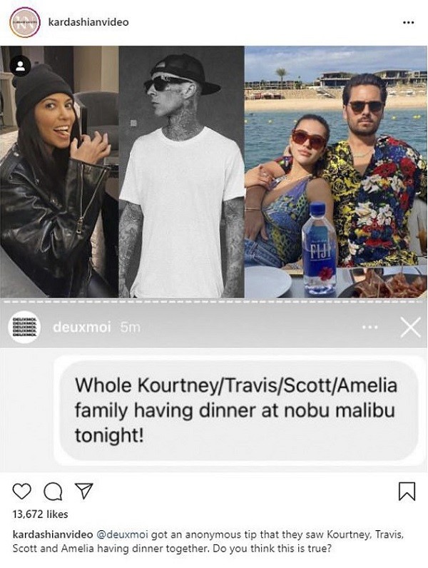 O post noticiando o double date com Kourtney Kardashian, Scott Disick, Travis Barker e Amelia Hamlin (Foto: Instagram)