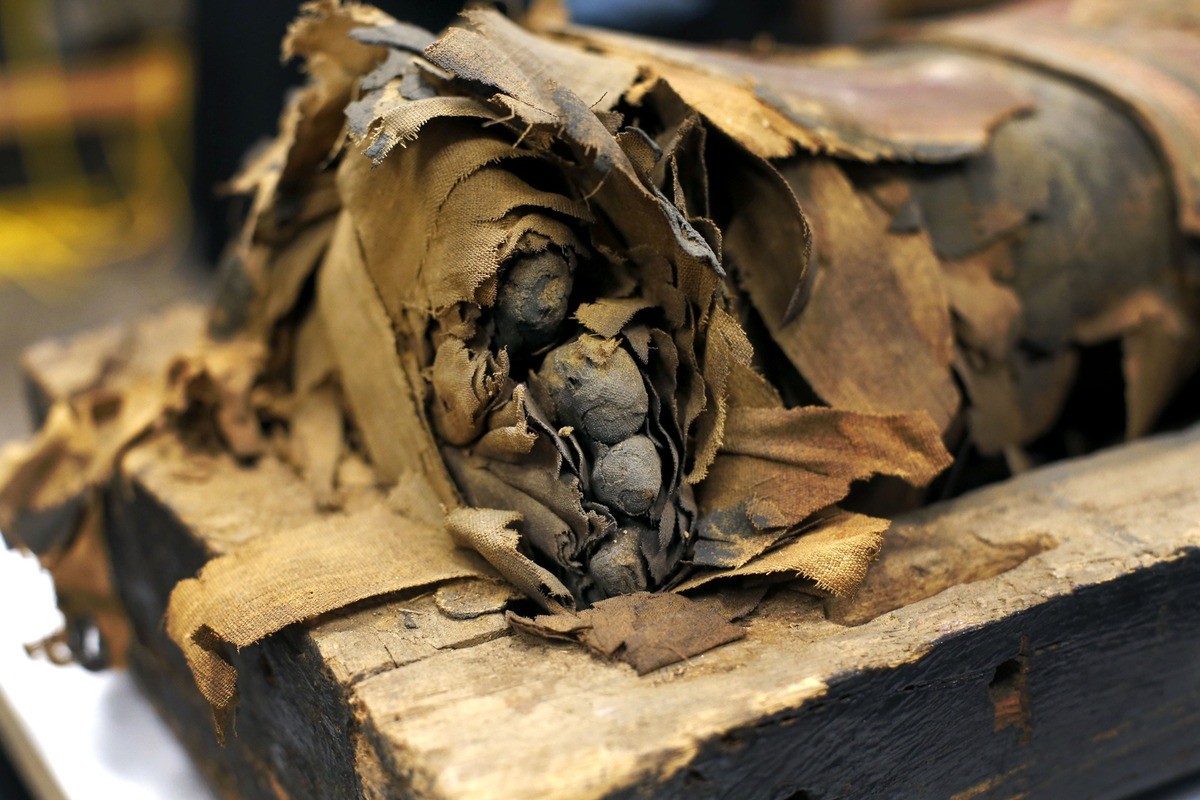 Múmia estava com danos nos membros inferiores (Foto: Reprodução/AP)