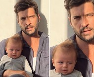 Leandro Lima, o Levi de 'Pantanal', posa com o filho de 2 meses, Toni