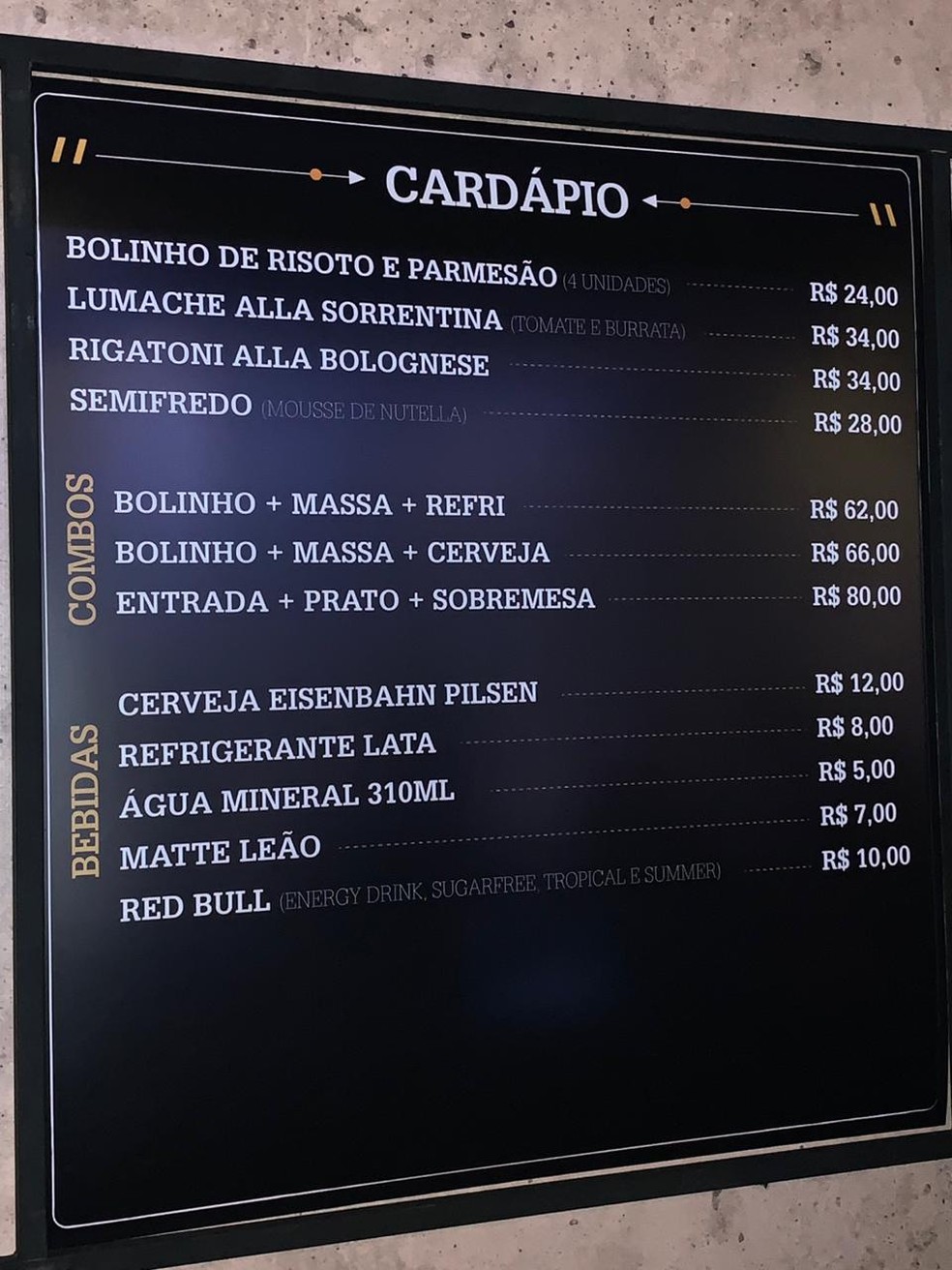 Preços do Al Fresco, no Gourmet Square do Rock in Rio — Foto: G1 Rio
