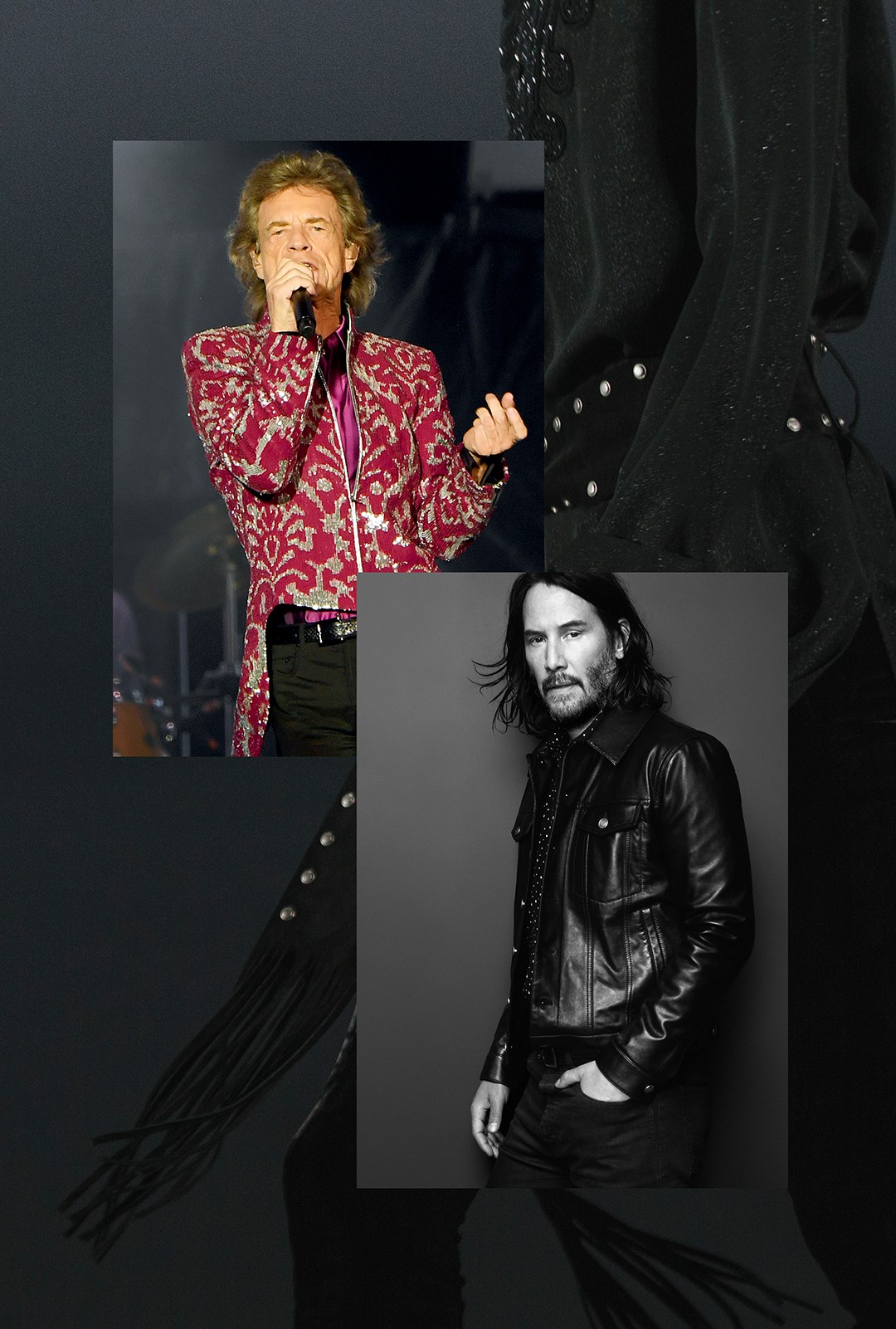 Marrakech em Malibu: Mick Jagger (à esq.) em show deste ano e Keanu Reeves na campanha de outono-inverno da marca. (Foto: Getty Images e divulgação)