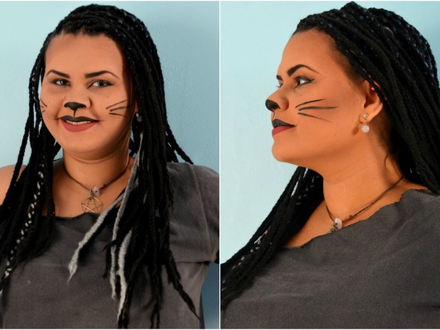 Maquiagem de gato é fácil e pode ser feita em crianças e adultos, segundo a maquiadora (Foto: Quésia Melo/G1)