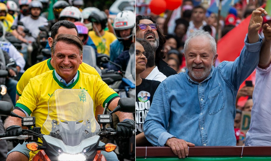 Jair Bolsonaro (PL) e Lula (PT) durante último dia de campanha em Minas Gerais e São Paulo, respectivamente.