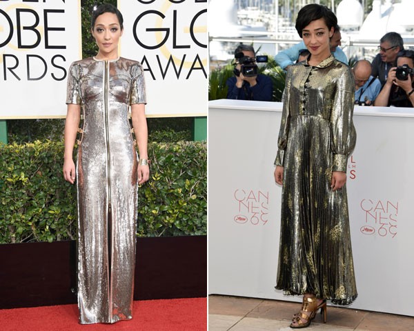 À esquerda, Ruth Negga veste um longo Louis Vuitton exclusivo (Foto: Getty Images)