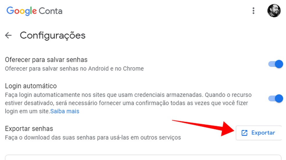 Ação para baixar todas as senhas salvas no Google utilizando ferramenta nativa — Foto: Reprodução/Paulo Alves