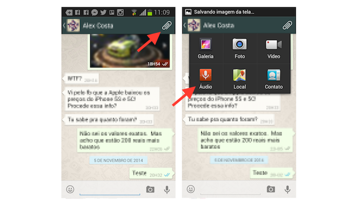 Acessando a ferramenta de envio de ?udio do WhatsApp para Android (Foto: Reprodu??o/Marvin Costa)