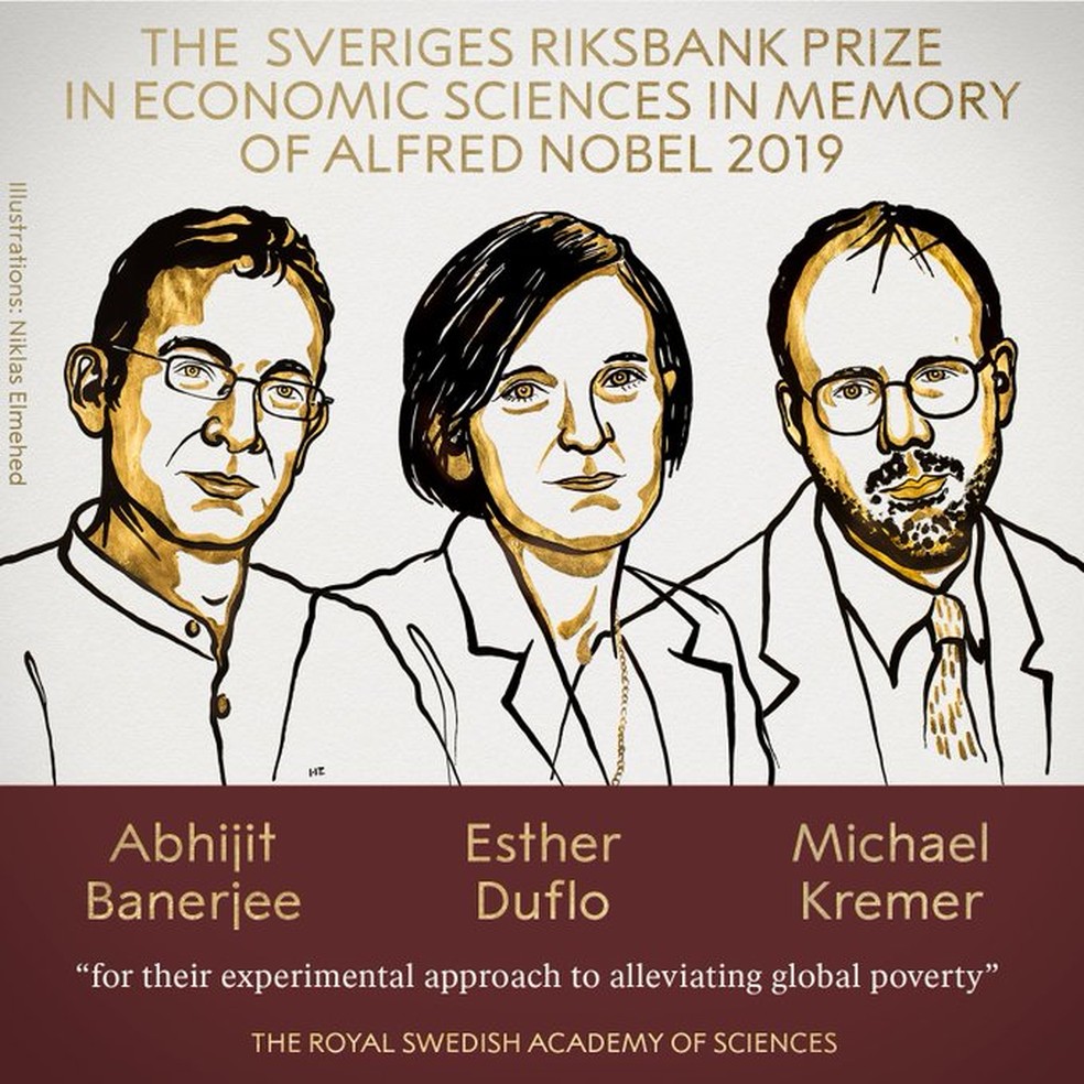Abhijit Banerjee, Esther Duflo e Michael Kremer ganham Nobel de Economia 2019 — Foto: Twitter/The Nobel Prize