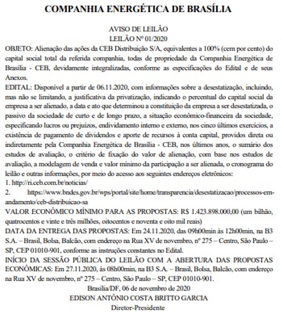  Governo do DF publica aviso de leilão da CEB — Foto: Diário Oficial do DF/Reprodução