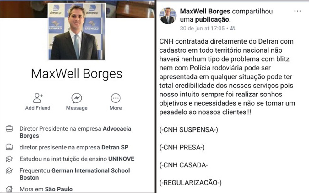 Detran divulgou prints de um dos perfis usados pelos golpistas  (Foto: ReproduÃ§Ã£o/Facebook )