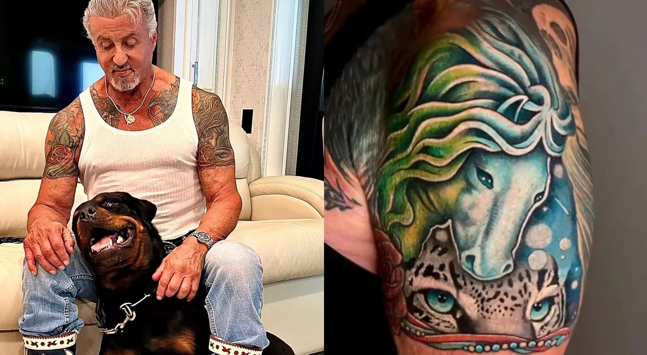 Antes e depois da tatuagem de Sylvester Stallone  (Foto: Reprodução/Instagram)