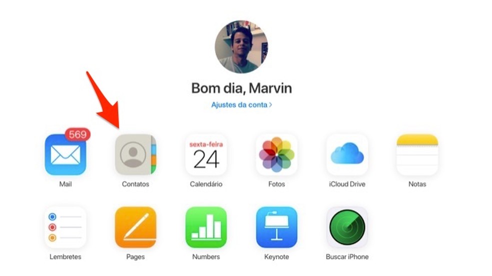 Ação para acessar a opção de contatos do iPhone na nuvem do iCloud — Foto: Reprodução/Marvin Costa