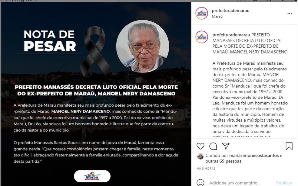 Prefeitura de Maraú decretou luto oficial de três dias — Foto: Reprodução / Redes Sociais