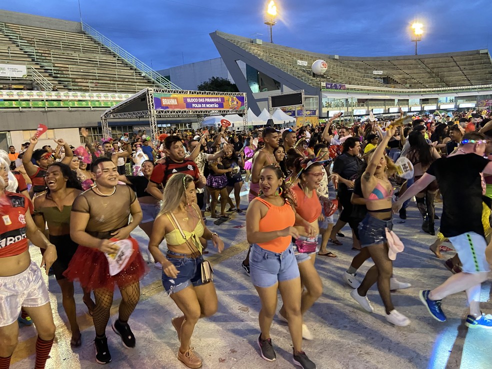 Festejos de carnaval do Bloco das Piranhas seguiu até a noite, em Manuas. — Foto: Patrick Marques/g1 AM