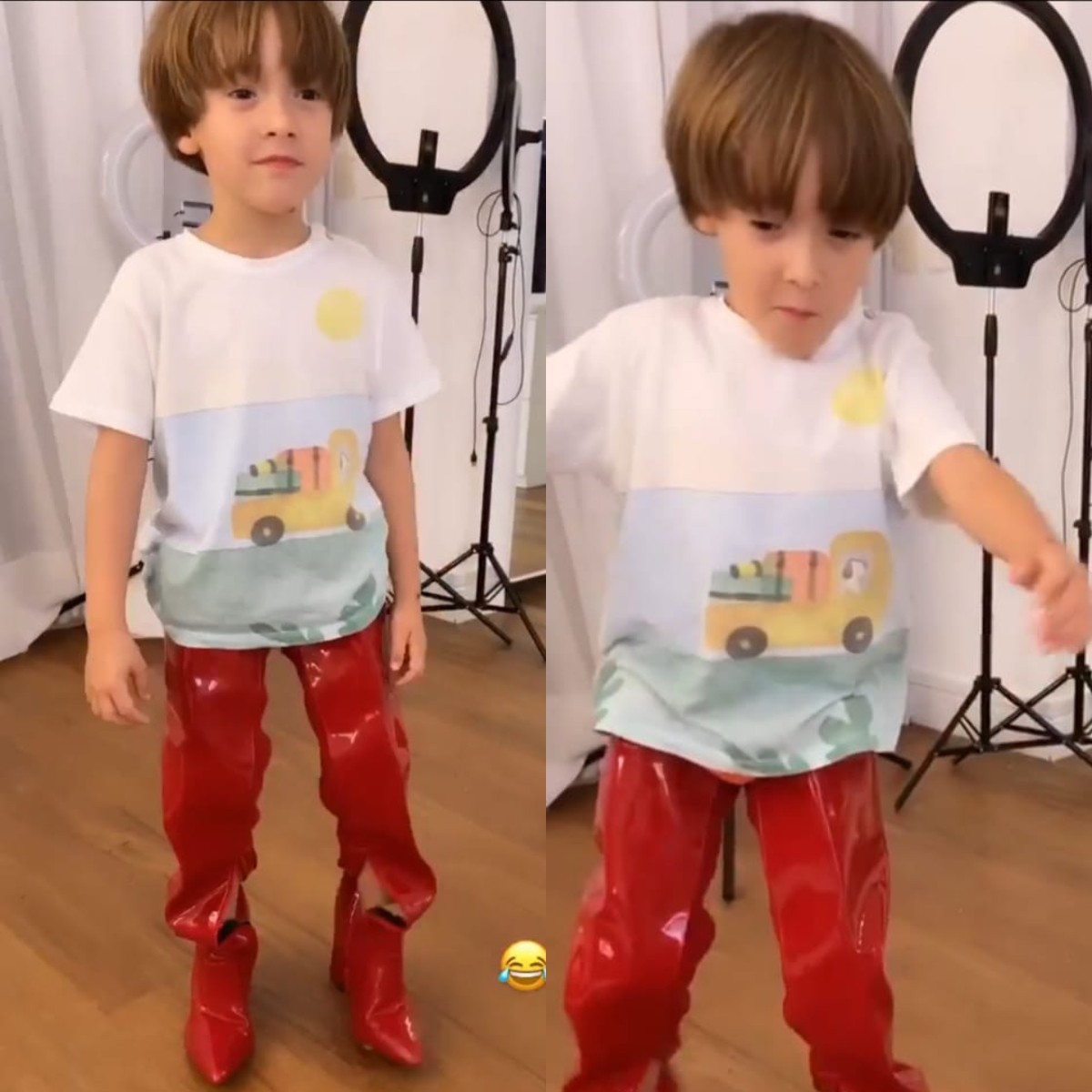 Pawel, filho de Simaria, se diverte com as botas da mãe (Foto: Reprodução/Instagram)