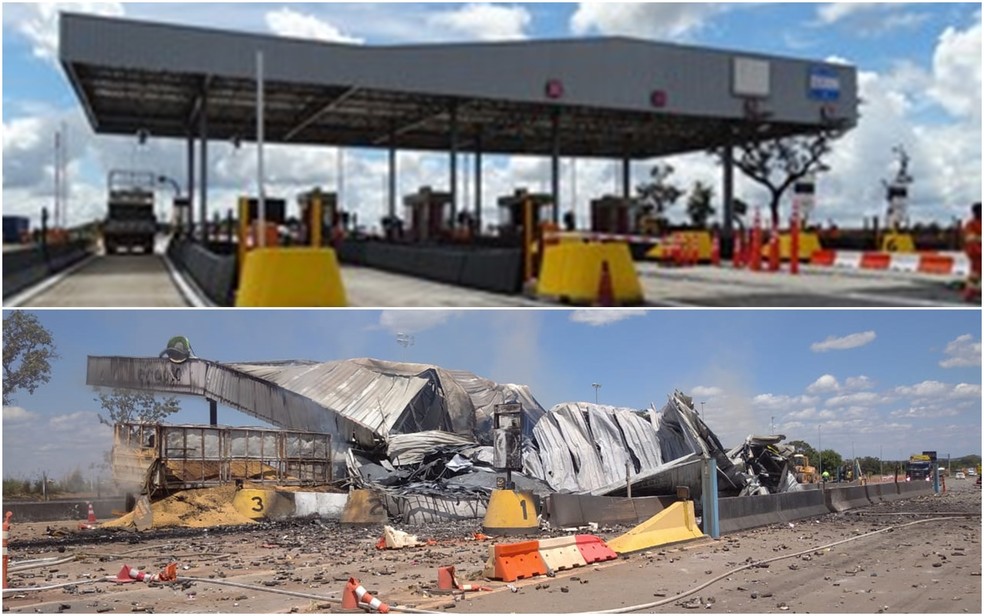 Confira o antes e depois da praça de pedágio que ficou completamente destruída após o acidente em Campo Alegre de Goiás — Foto: Arquivo G1 e Bombeiros/Divulgação