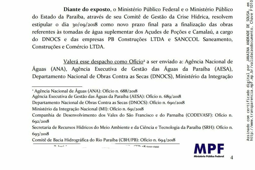 MPF recomenda que a conclusão das obras aconteça até o dia 30 de setembro (Foto: MPF/Reprodução)