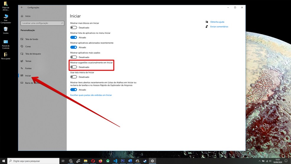Desativar sugestões impede que o Windows 10 ocupe o menu Iniciar com anúncios — Foto: Reprodução/Filipe Garrett