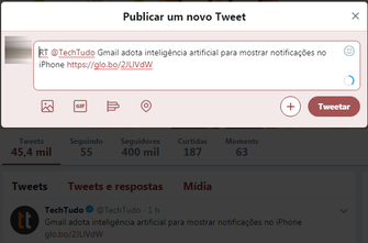 Retweet manual consiste em copiar o texto de um tweet e indicar com um RT (Foto: Reprodução/Twitter) Retweet manual consiste em copiar o texto de um tweet e indicar com um RT (Foto: Reprodução/Twitter)