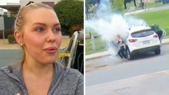 Catherine Mayes salvou os dois filhos segundos antes de o carro em que estavam pegar fogo (Foto: Reprodução/ 9 News)