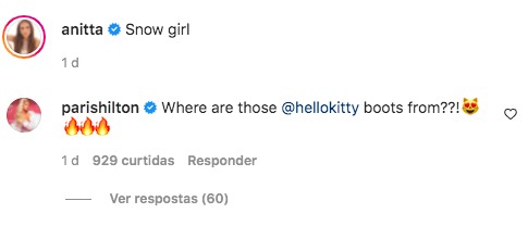 Paris Hilton pergunta sobre as botas de Anitta no Instagram (Foto: Reprodução/Instagram)