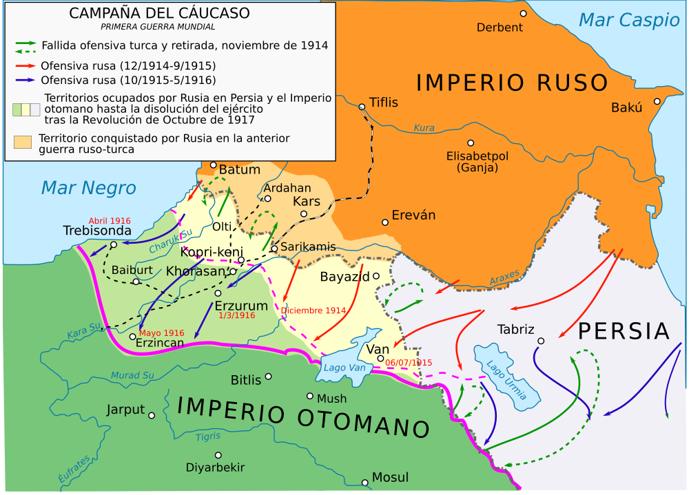 As fronteiras entre Pérsia, Império Otomano e Império Russo antes da Primeira Guerra Mundial (Foto: Wikimedia Commons)
