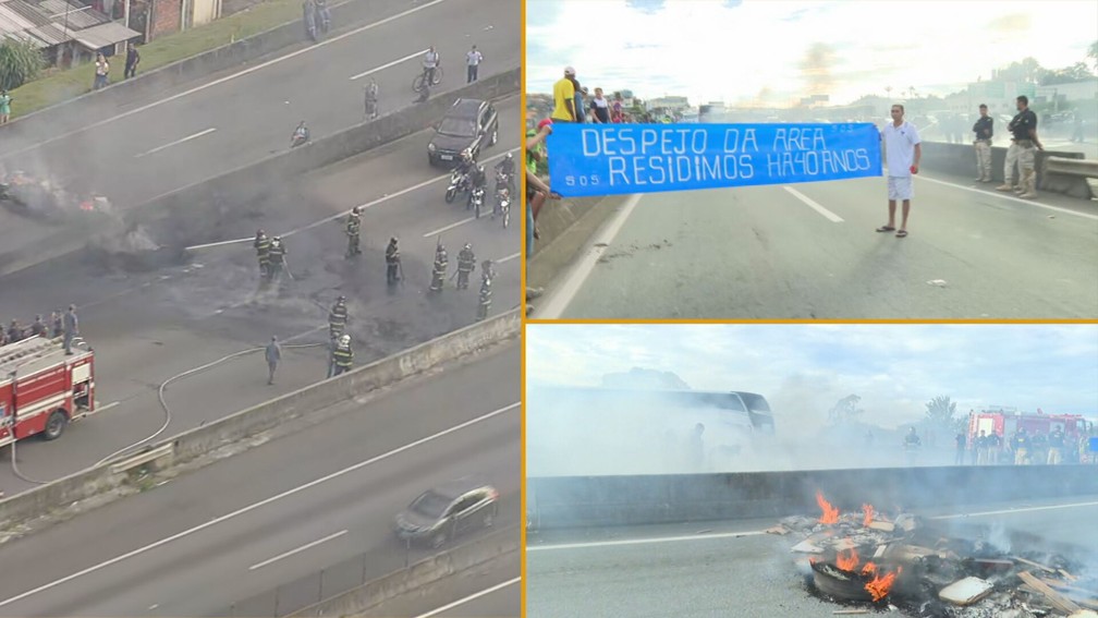Corpo de Bombeiros apagaram fogo na rodovia Presidente Dutra, em Guarulhos — Foto: TV Globo