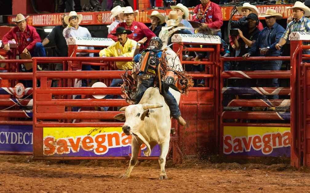 Marcos Adriano Lino, de Ãlvaro de Carvalho (SP) montou o touro Perturbado e conquistou 87.75 pontos na final da LNR em Barretos 2019 â€” Foto: Ã‰rico Andrade/G1