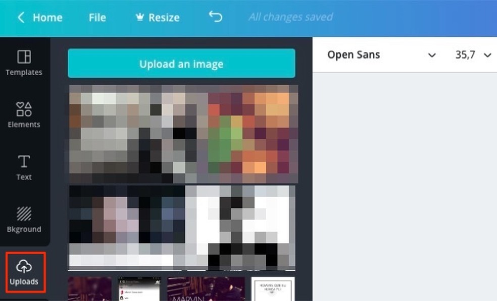 Ação para visualizar a ferramenta para upload de imagens do serviço online Canva — Foto: Reprodução/Marvin Costa