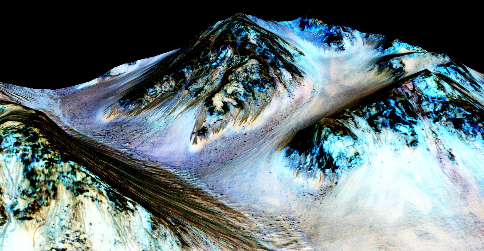 as linhas enegrecidas que escorrem pelas encostas da cratera Hale são uma forte evidência de água em estado líquido na superfície marciana (Foto: NASA/JPL/University of Arizona)