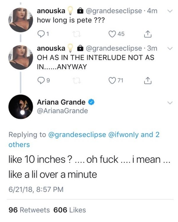 O comentário da cantora Ariana Grande sobre o tamanho do pênis do namorado (Foto: Twitter)