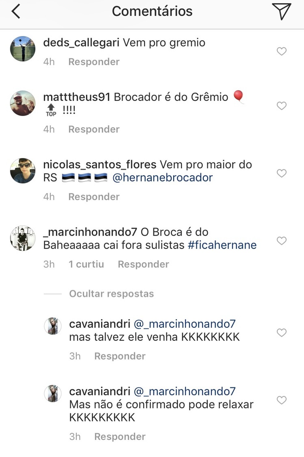 Comentários de gremistas na página de Hernane (Foto: Reprodução)