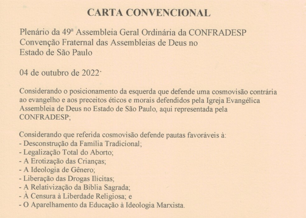 Carta do Ministério do Belém da Assembleia de Deus diz que membros que defenderem 'pautas de esquerda' serão punidos — Foto: Reprodução