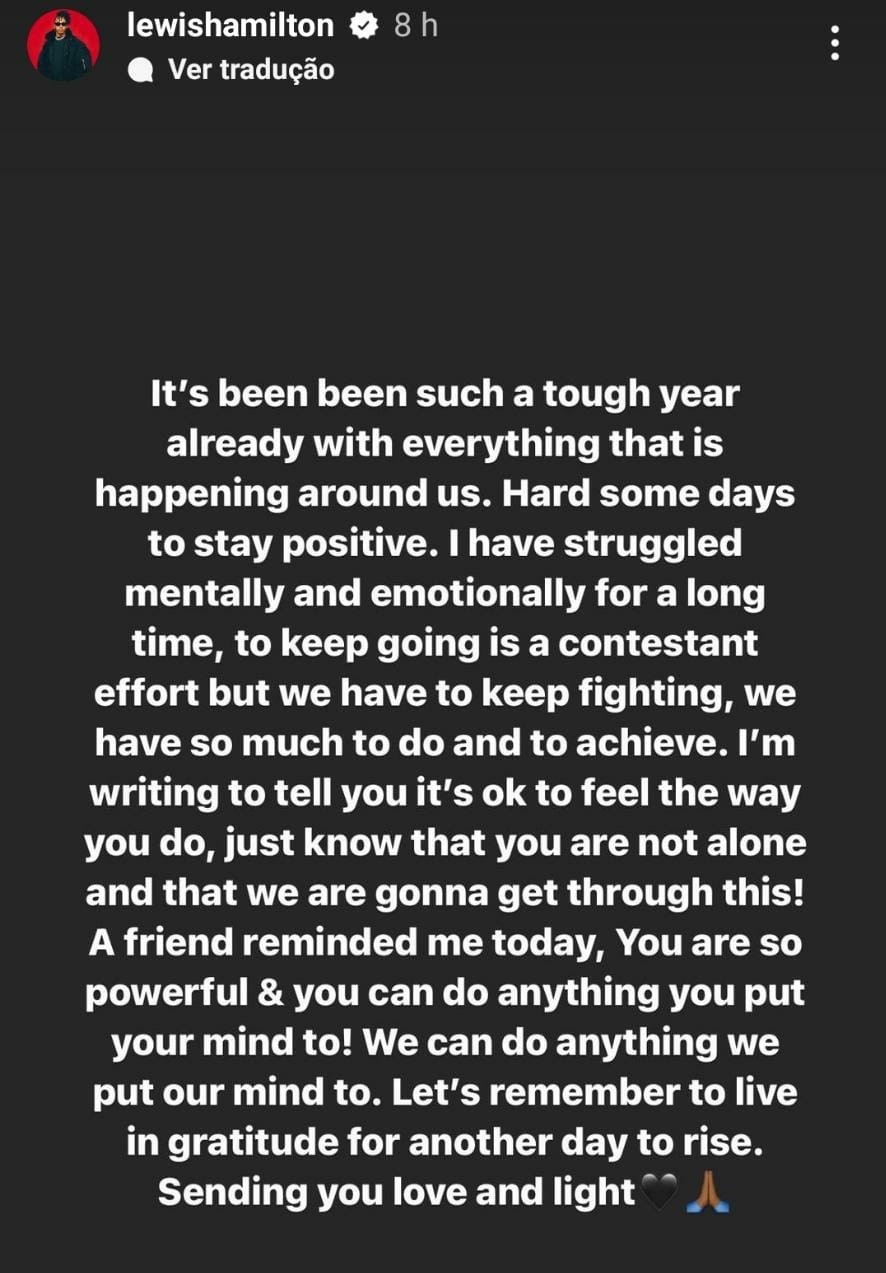 Em post, Lewis Hamilton fala sobre a importância de cuidar da saúde mental (Foto: Reprodução/Instagram)