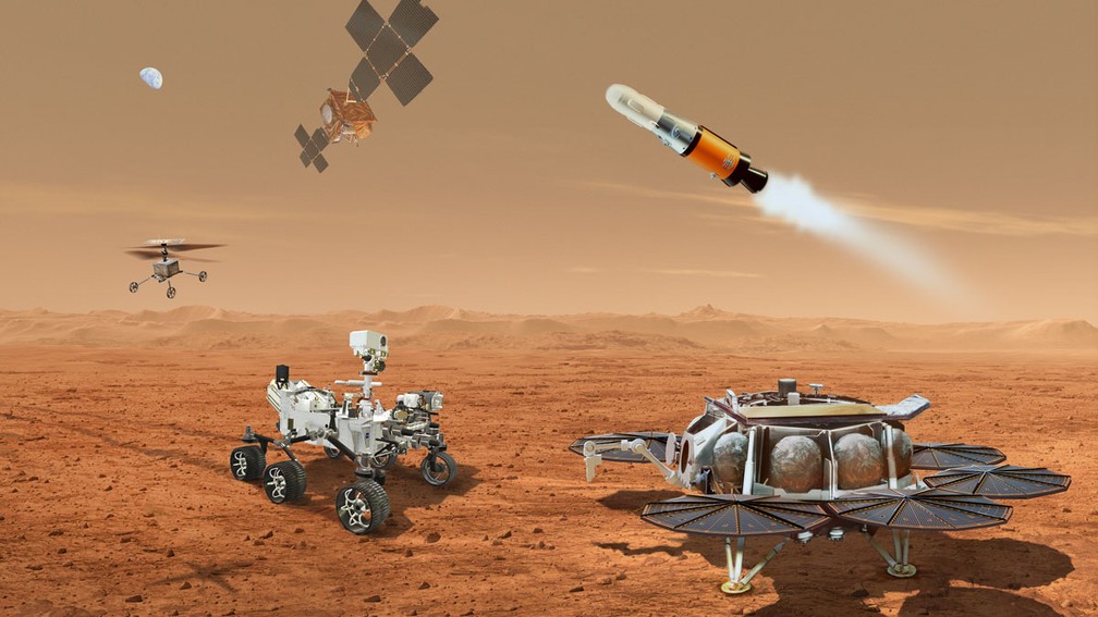 Ilustração da Nasa mostra robôs e helicópteros que se juntarão à missão no planeta vermelho para coleta de amostras de rocha e solo da superfície marciana.  — Foto: NASA/JPL-Caltech