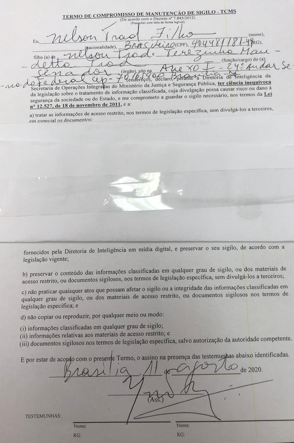 Termo de compromisso de confidencialidade assinado pelo senador Nelsinho Trad — Foto: Reprodução