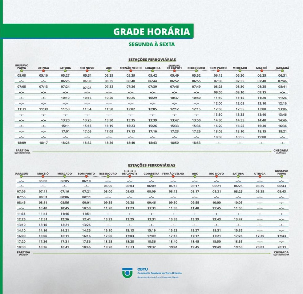 Grade horária das viagens de trens em Maceió — Foto: CBTU
