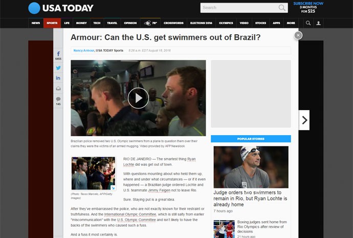 Colunista Nancy Armour, do jornal americano 'USA Today', defendeu os nadadores americanos; 'Será que os Estados Unidos conseguem tirar os nadadadores do Brasil?'