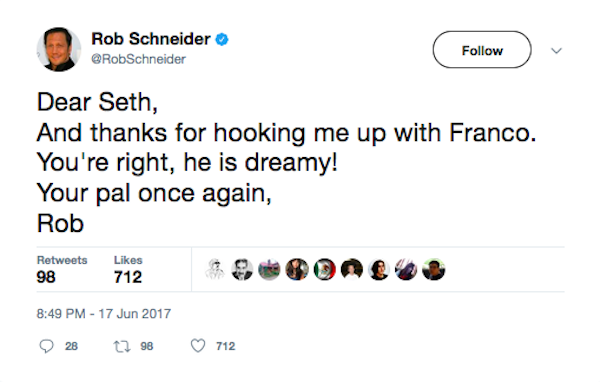 O ator Rob Schneider fazendo graça com a tensão entre ele e Seth Rogen (Foto: Twitter)