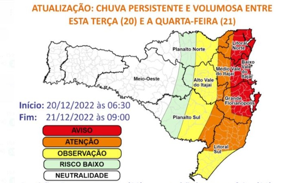 Mapa da Defesa Civil mostra risco mais alto de estragos para a Grande Florianópolis, Vale do Itajaí, Litoral Norte e Norte — Foto: Defesa Civil/Divulgação