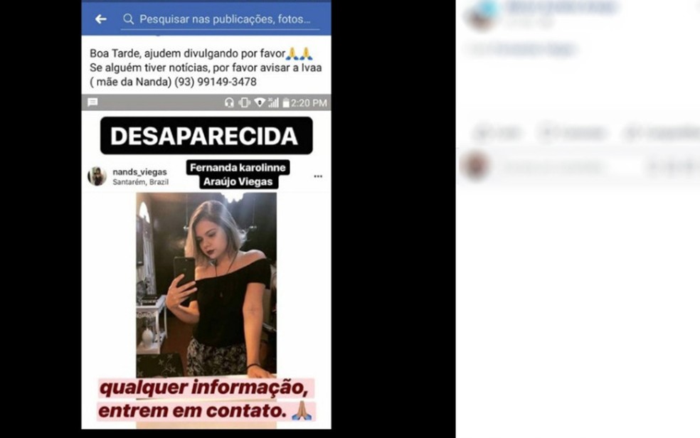 Postagem sobre o desapareciemnto de Fernanda ViÃ©gas nas redes sociais (Foto: ReproduÃ§Ã£o/ Facebook/ Fernanda ViÃ©gas)